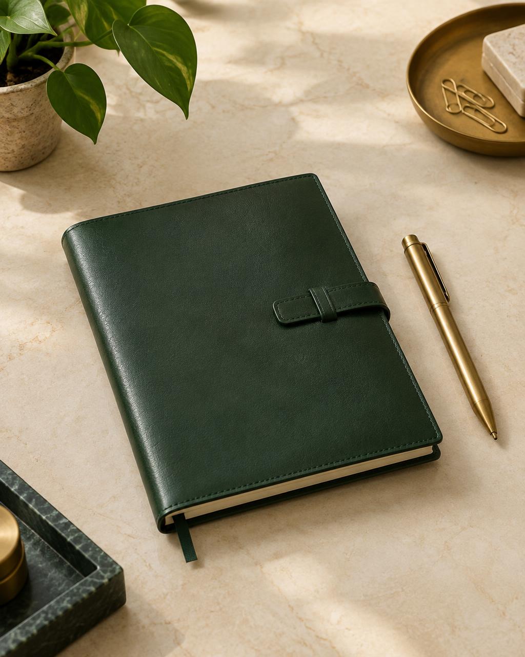 Caderno executivo verde e caneta dourada